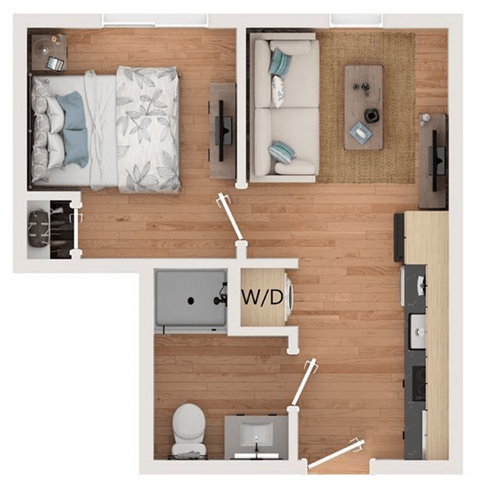 A top down view of a small apartment with a bed, a couch, a small kitchen, and a bathroom.